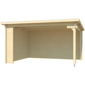 Gartenhaus LASITA MAJA Unterstand Columbus Gartenhäuser Gr. ohne Dacheindeckung, beige (naturbelassen) Gartenhäuser aus Holz Unterstand Lounge 34mm, Fundamentmass 4250x3000, Naturbelassen