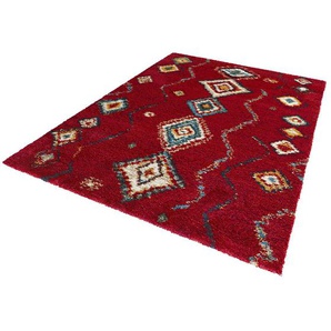 Geometric Hochflor Teppich - Shaggy Flokati Boho Design für Wohnzimmer, Schlafzimmer - Rot Bunt