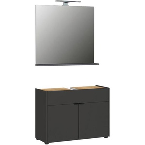 Germania Badezimmer, Graphit, Eiche, Metall, 2-teilig, 1 Fächer, 80 cm, erweiterbar, Spiegel mit Ablage, Badezimmer, Badmöbelsets & -serien, Badmöbel-Sets