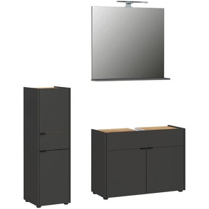 Germania Badezimmer, Graphit, Eiche, Metall, 3-teilig, 3 Fächer, 1 Schubladen, 129 cm, erweiterbar, Spiegel mit Ablage, Badezimmer, Badmöbelsets & -serien, Badmöbel-Sets