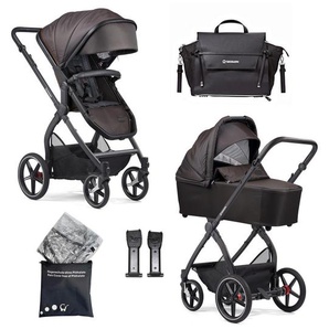 Gesslein Kinderwagenset FX4 Life, Schwarz, Dunkelbraun, Textil, 57x129x100 cm, EN 1888, UV 50+, Made in Germany, Feststellbremse, Federung, kugelgelagerte Räder, für Babyschale geeignet, Griff in Lederoptik, Reflektorstreifen,5-Punkt-Gurt, Gurtschoner,