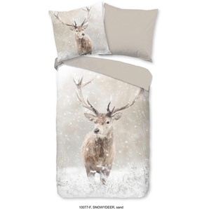 good morning Wendebettwäsche Snowydeer, Biber, Flanell, 3 teilig, Flanell, Biber, Baumwolle, Winter, Warm, Wendeoptik, Reh, Hirsch, Sand