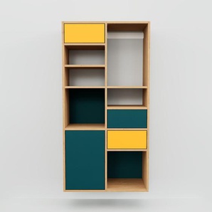 Hängeschrank Blaugrün - Wandschrank: Schubladen in Gelb & Türen in Blaugrün - 79 x 156 x 34 cm, konfigurierbar