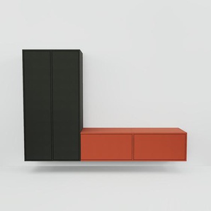 Hängeschrank Schwarz - Wandschrank: Schubladen in Terrakotta & Türen in Schwarz - 228 x 156 x 47 cm, konfigurierbar