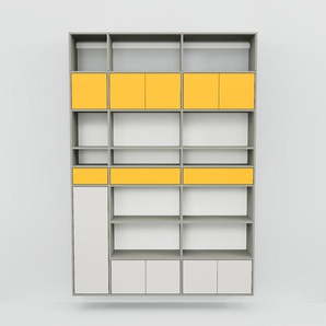 Hängeschrank Weiß - Wandschrank: Schubladen in Gelb & Türen in Hellgrau - 190 x 271 x 34 cm, konfigurierbar