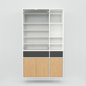 Hängeschrank Weiß - Wandschrank: Schubladen in Graphitgrau & Türen in Eiche - 115 x 194 x 34 cm, konfigurierbar