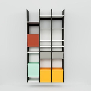 Hängeschrank Weiß - Wandschrank: Schubladen in Grau & Türen in Gelb - 118 x 232 x 34 cm, konfigurierbar