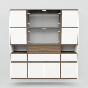 Hängeschrank Weiß - Wandschrank: Schubladen in Weiß & Türen in Weiß - 154 x 156 x 34 cm, konfigurierbar