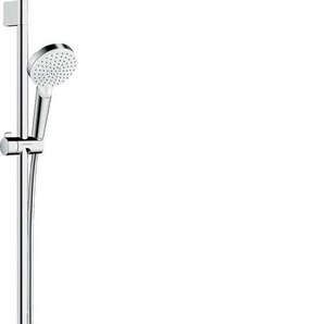 hansgrohe Duschsystem Crometta, 2 Strahlart(en), Komplett-Set, Aufputz mit Ecostat Thermostat und Duschstange 90cm, Weiß/chrom