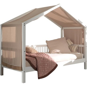 Hausbett HOME AFFAIRE Forrest mit Dachaufbau, Textilhimmel, später umbaubar zum Einzelbett Betten Gr. Ohne Bettschublade, Liegefläche B/L: 90cm x 200cm H: 170cm, kein Härtegrad, ohne Matratze, weiß (weiß + weiß) Baby 90200 Buche massiv lackiert, wahlweise