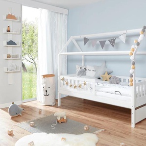 Hausbett TICAA Traumhaus Betten Gr. Liegefläche B/L: 90 cm x 200 cm Höhe: 169 cm, kein Härtegrad, ohne Matratze, weiß (kiefer massiv weiß) Baby Spielbetten wahlweise mit Matratze