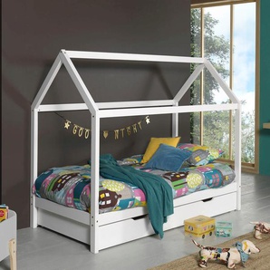 Hausbett VIPACK Dallas Betten Gr. mit Bettschublade auf Rollen, Liegefläche 90 x 200 cm, weiß Baby Spielbetten Ein Hausbett in Massivholz mit Lattenrost und Bettschublade