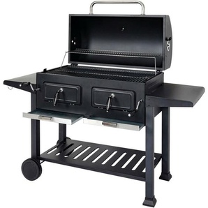 HHG - neuwertig] Holzkohlegrill 863, Grillwagen Standgrill bbq Gartengrill mit Deckel Ablage, Stahl Emaille 110x153x60cm schwarz