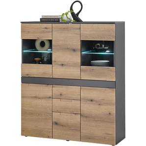 Highboard HBZ Taylor mit LED-Beleuchtung, BxHxT 119x140x38 cm Sideboards Gr. B/H/T: 119cm x 38cm x 38cm, 2 St., anthrazit / evoke oak tiefzieh Mit 4 Türen und 2 Türen, Schubkästen 3 Einlegeböden Glasböden