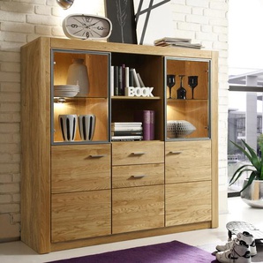 Highboard INOSIGN HARTFORD Sideboards Gr. B/H/T: 137,0cm x 140,7cm x 42,0cm, Manuell,, braun (asteiche massiv geölt / wild eiche) Vitrine, Breite 137 cm