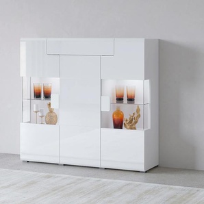 Highboard INOSIGN Toledo,Breite 147,5cm,trendige Hochkommode mit 3Türen und Schublade Sideboards weiß (weiss matt/weiss hgl) Hochschrank mit Glas-Partien,stylische Hochglanzfronten