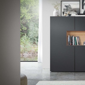 Highboard Leo 120 cm - Dunkelgrau matt mit Eichen-Top und LED - auf Bodenplatte