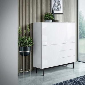 Highboard Monaco 120 cm - Weiß Hochglanz - Metalluntergestell Schwarz