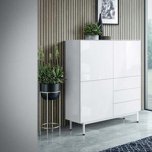 Highboard Monaco 120 cm - Weiß Hochglanz - Metalluntergestell Weiß