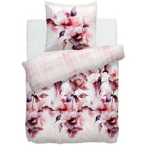 HnL Satin Bettwäsche Blumen Rosa Nature Polly Bunt 135x200 + 80x80 cm - Rosa