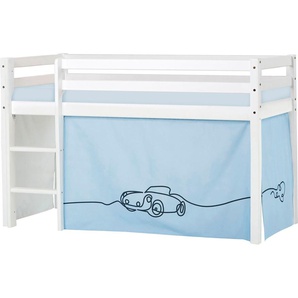 Hochbett HOPPEKIDS ECO Dream, Kinderbett, Spielbett, Halbhohes Bett aus Massivholz Hochbetten Gr. nicht umbaubar, Liegefläche B/L: 70 cm x 160 cm, Schaumstoffmatratze, blau (weiß, blau, auto) Baby Kinderbett Hochbett Hochbetten inkl. Vorhang-Set Creator