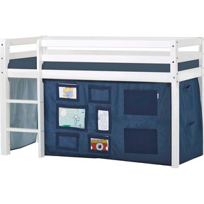 Hochbett HOPPEKIDS ECO Dream, Kinderbett, Spielbett, Halbhohes Bett aus Massivholz Hochbetten Gr. nicht umbaubar, Liegefläche B/L: 70cm x 160cm, Schaumstoffmatratze, blau (weiß-dunkelblau / fenster) Baby Kinderbett Hochbett inkl. Vorhang-Set Creator,