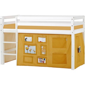 Hochbett HOPPEKIDS ECO Dream, Kinderbett, Spielbett, Halbhohes Bett aus Massivholz Hochbetten Gr. nicht umbaubar, Liegefläche B/L: 70cm x 160cm, Schaumstoffmatratze, gelb (weiß-curry / fenster) Baby Kinderbett Hochbett inkl. Vorhang-Set Creator, Bettgröße