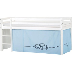 Hochbett HOPPEKIDS ECO Dream, Kinderbett, Spielbett, Halbhohes Bett aus Massivholz Hochbetten Gr. nicht umbaubar, Liegefläche B/L: 90cm x 200cm, Komfortschaummatratze, blau (weiß-blau / auto) Baby Kinderbett Hochbett inkl. Vorhang-Set Creator, Bettgröße &