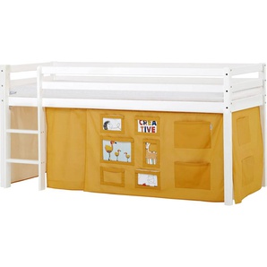 Hochbett HOPPEKIDS ECO Dream, Kinderbett, Spielbett, Halbhohes Bett aus Massivholz Hochbetten Gr. nicht umbaubar, Liegefläche B/L: 90cm x 200cm, Komfortschaummatratze, gelb (weiß-curry / fenster) Baby Kinderbett Hochbett inkl. Vorhang-Set Creator,