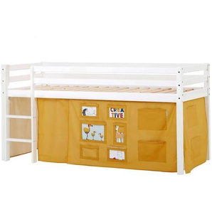 Hochbett HOPPEKIDS ECO Dream, Kinderbett, Spielbett, Halbhohes Bett aus Massivholz Hochbetten Gr. nicht umbaubar, Liegefläche B/L: 90cm x 200cm, ohne Matratze, gelb (weiß-curry / fenster) Baby Kinderbett Hochbett inkl. Vorhang-Set Creator, Bettgröße &