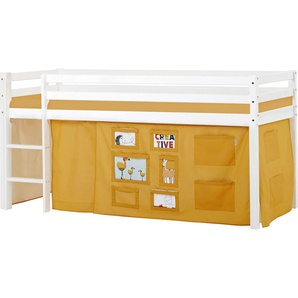 Hochbett HOPPEKIDS ECO Dream, Kinderbett, Spielbett, Halbhohes Bett aus Massivholz Hochbetten Gr. nicht umbaubar, Liegefläche B/L: 90cm x 200cm, Schaumstoffmatratze, gelb (weiß-curry / fenster) Baby Kinderbett Hochbett inkl. Vorhang-Set Creator, Bettgröße