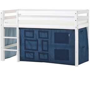 Hochbett HOPPEKIDS ECO Dream, Kinderbett, Spielbett, Halbhohes Bett aus Massivholz Hochbetten Gr. umbaubar, Liegefläche B/L: 70cm x 160cm, Komfortschaummatratze, blau (weiß-dunkelblau / fenster) Baby Kinderbett Hochbett inkl. Vorhang-Set Creator,