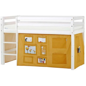 Hochbett HOPPEKIDS ECO Dream, Kinderbett, Spielbett, Halbhohes Bett aus Massivholz Hochbetten Gr. umbaubar, Liegefläche B/L: 70cm x 160cm, Komfortschaummatratze, gelb (weiß-curry / fenster) Baby Kinderbett Hochbett inkl. Vorhang-Set Creator, Bettgröße &