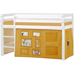 Hochbett HOPPEKIDS ECO Dream, Kinderbett, Spielbett, Halbhohes Bett aus Massivholz Hochbetten Gr. umbaubar, Liegefläche B/L: 70cm x 160cm, Schaumstoffmatratze, gelb (weiß-curry / fenster) Baby Kinderbett Hochbett inkl. Vorhang-Set Creator, Bettgröße &