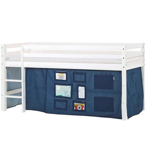 Hochbett HOPPEKIDS ECO Dream, Kinderbett, Spielbett, Halbhohes Bett aus Massivholz Hochbetten Gr. umbaubar, Liegefläche B/L: 90cm x 200cm, Komfortschaummatratze, blau (weiß-dunkelblau / fenster) Baby Kinderbett Hochbett inkl. Vorhang-Set Creator,