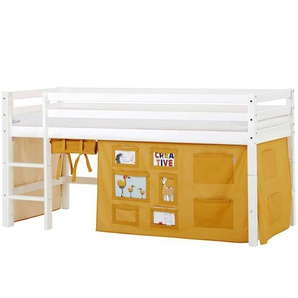 Hochbett HOPPEKIDS ECO Dream, Kinderbett, Spielbett, Halbhohes Bett aus Massivholz Hochbetten Gr. umbaubar, Liegefläche B/L: 90cm x 200cm, Komfortschaummatratze, gelb (weiß-curry / fenster) Baby Kinderbett Hochbett inkl. Vorhang-Set Creator, Bettgröße &