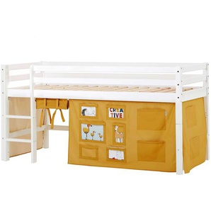 Hochbett HOPPEKIDS ECO Dream, Kinderbett, Spielbett, Halbhohes Bett aus Massivholz Hochbetten Gr. umbaubar, Liegefläche B/L: 90cm x 200cm, ohne Matratze, gelb (weiß-curry / fenster) Baby Kinderbett Hochbett inkl. Vorhang-Set Creator, Bettgröße & Matratze