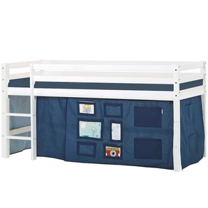 Hochbett HOPPEKIDS ECO Dream, Kinderbett, Spielbett, Halbhohes Bett aus Massivholz Hochbetten Gr. umbaubar, Liegefläche B/L: 90cm x 200cm, Schaumstoffmatratze, blau (weiß-dunkelblau / fenster) Baby Kinderbett Hochbett inkl. Vorhang-Set Creator, Bettgröße