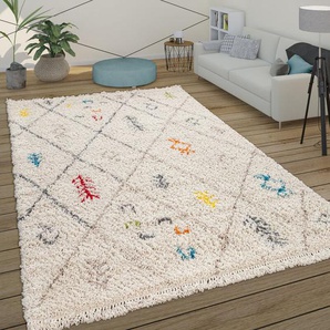 Hochflor Teppich Shaggy Wohnzimmer Skandi Rauten Muster Beige Blau Rot Gelb 60x100 cm - Paco Home