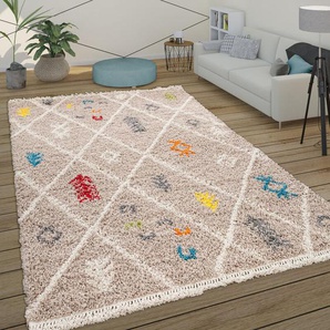 Hochflor Teppich Shaggy Wohnzimmer Skandi Rauten Muster Braun Rot Blau Gelb 120x170 cm - Paco Home