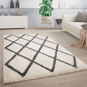 Hochflor Teppich Wohnzimmer Shaggy Skandinavisch Muster Raute Weiß Anthrazit 120x160 cm - Paco Home