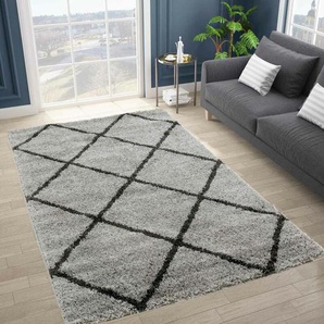 Hochflor Teppich Wohnzimmer Shaggy weich modern Rauten Muster Grau Anthrazit Creme Schwarz Rot Lila Beige,160x220 cm, Grau / Anthrazit