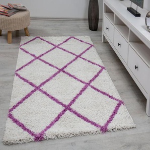 Hochflor Teppich Wohnzimmer Shaggy weich modern Rauten Muster Grau Anthrazit Creme Schwarz Rot Lila Beige,Lila, 200x280 cm