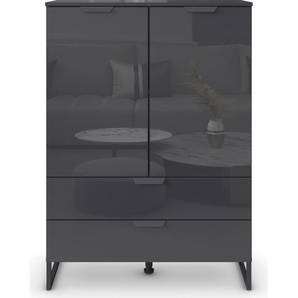 Hochkommode RAUCH Modern by Aditio Sideboards Gr. B/H/T: 93 cm x 130 cm x 44 cm, 2 St., grau (graumetallic) mit Glasfront und Kufenfuß, 2 Schubladen Softclose-Funktion