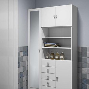 Hochschrank TEMAHOME Combi Badezimmerschrank mit Schubladen, Türen, drei offenen Fächern, weiß, B:90cm H:182cm T:30cm, Spanplatte, Melamin, Schränke, mit Spiegel, 90 cm breit, Weiss