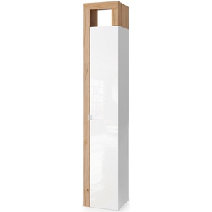 Hochschrank WELLTIME Hamburg Höhe 195 cm, Breite 35 Badezimmerschrank mit 1 Tür Schränke Gr. B/H/T: 35cm x 195cm x 35cm, Komplettausführung, braun (weiß / eiche cadiz nb) dekorativer Rahmen, offenes Fach, Metallgriff, 5 Einlegeböden