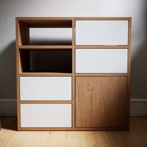 Kommode Weiß - Lowboard: Schubladen in Weiß & Türen in Eiche - Hochwertige Materialien - 79 x 79 x 34 cm, konfigurierbar