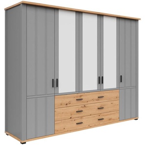 Hom`in Kleiderschrank, Eiche Artisan, Grau, Holzwerkstoff, 5 Fächer, 3 Schubladen, 267x206x65 cm, Beimöbel erhältlich, Schlafzimmer, Kleiderschränke, Drehtürenschränke