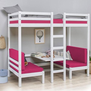 Hoppekids Hochbett ECO Dream JUMBO B/T/H 101/208/170 cm, umbaubar zum Etagenbett mit Sitzgruppe, Matratzen (oben u unten) in pink, Kiefer massiv/MDF