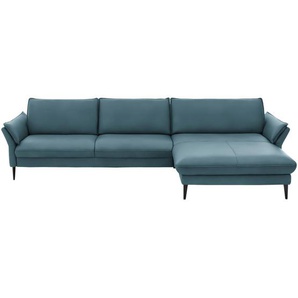 Hukla Ecksofa, Blau, Leder, Echtleder, Longlife-Leder, Semi-Anilinleder, 4-Sitzer, Ottomane rechts, L-Form, 334x172 cm, Goldenes M, erweiterbar, Fußauswahl, Lederauswahl, Stoffauswahl, planbar, Sitzqualitäten, seitenverkehrt erhältlich, Hocker Rücken